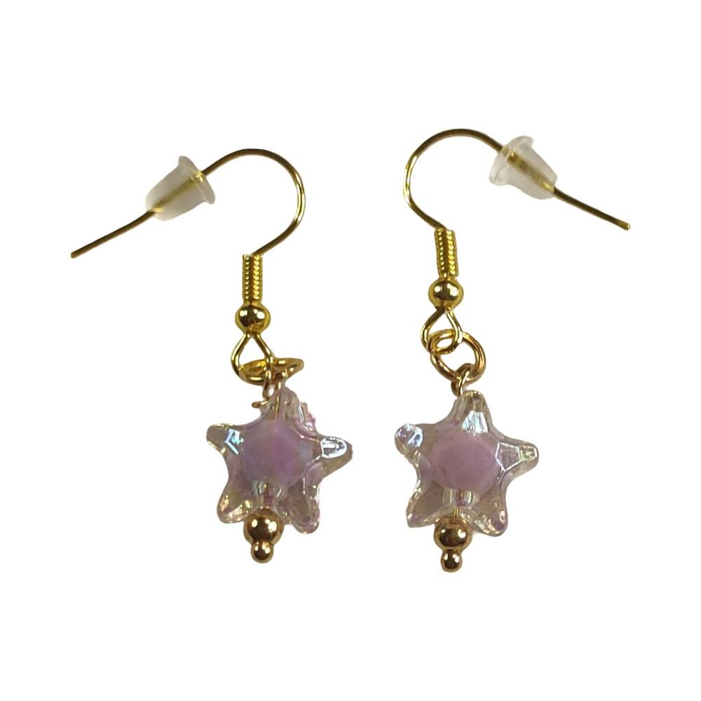 NEW Handmade/Homemade Pastel Purple Bead in Clear Star on Gold Drop Earrings